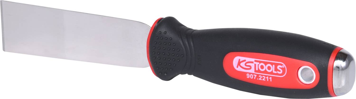 Szpachla z czarnym uchwytem i czerwonym logo firmy KG Tools na rękojeści. Szpachla posiada szeroką, płaską, metalową ostrogę.