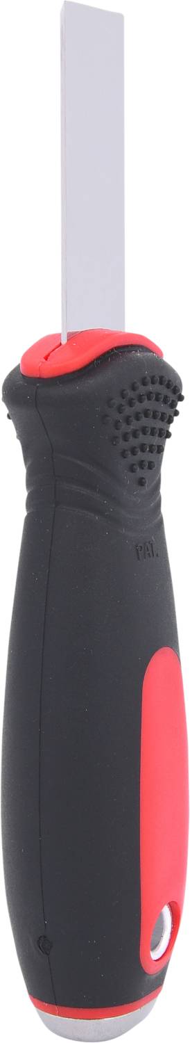 Szeroki, czarny i czerwony uchwyt narzędzia z prostokątnym, srebrnym ostrzem metalowym na wierzchu.