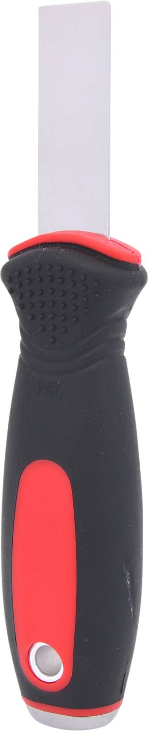 Płaski przecinak z uchwytem w kolorach czarnym i czerwonym, odpowiedni do usuwania płytek lub starego zaprawy murarskiej.