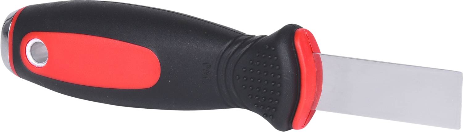 Szpachla z czarną i czerwoną rączką oraz krótką, szeroką metalową płaszczyzną.