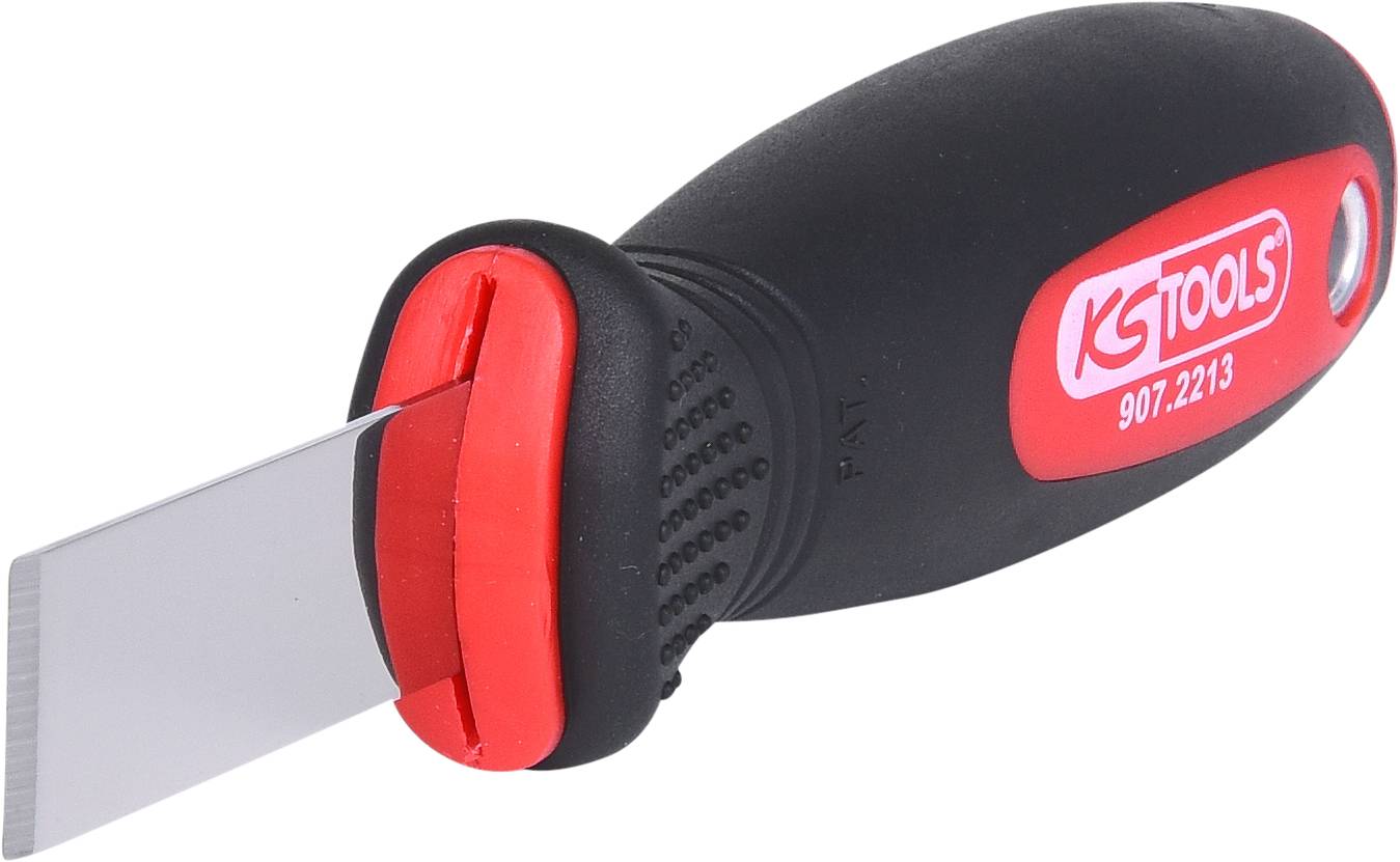 Narzędzie z czarnym uchwytem i czerwonym ostrzem. Na rękojeści widnieje napis 'KS Tools'.