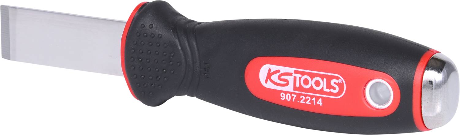Dłuto ze składającym się ergonomicznym uchwytem i metalowym ostrzem. Uchwyt jest czarno-czerwony z napisem 'KSTOOLS 907.2214'.