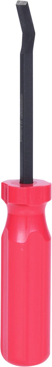 Śrubokręt z czerwonym uchwytem i wąskim, spłaszczonym czubkiem.