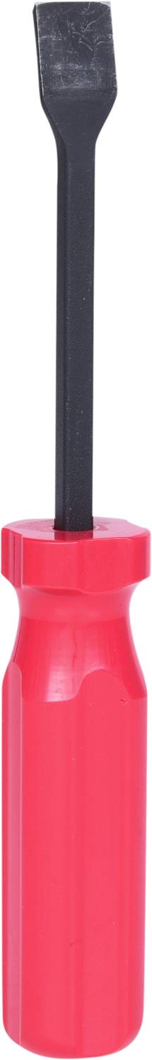 Czerwony śrubokręt z płaskim, czarnym ostrzem, stojący.