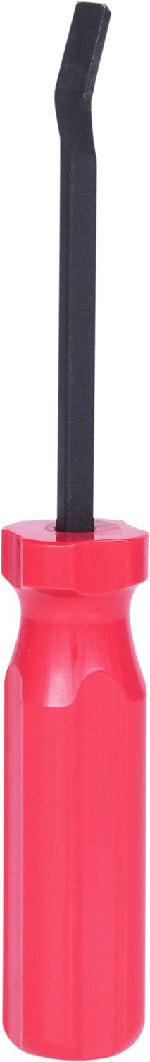 Czerwony śrubokręt z czarnym ostrzem, przedstawiony w pozycji pionowej.