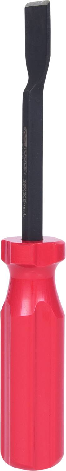 Czerwony śrubokręt z płaskim ostrzem, stojący pionowo na białym tle.