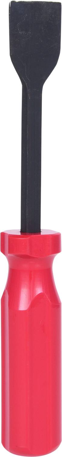 Czerwony śrubokręt z czarnym płaskim grotem, odpowiedni do wkrętów płaskich.