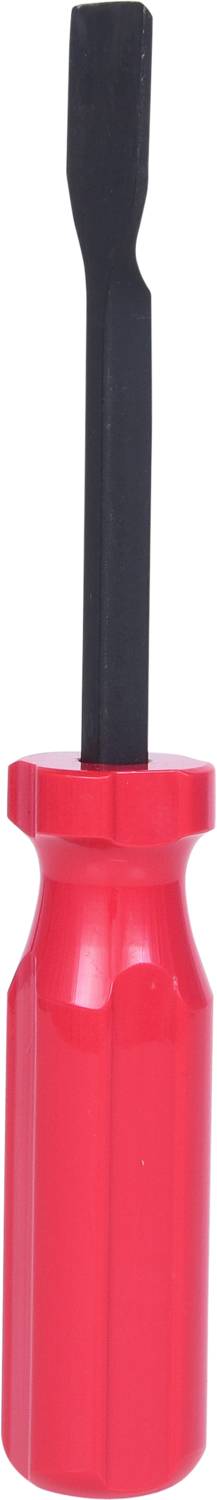 Czerwony wkrętak krzyżowy z czarnym ostrzem, stojący na rękojeści.