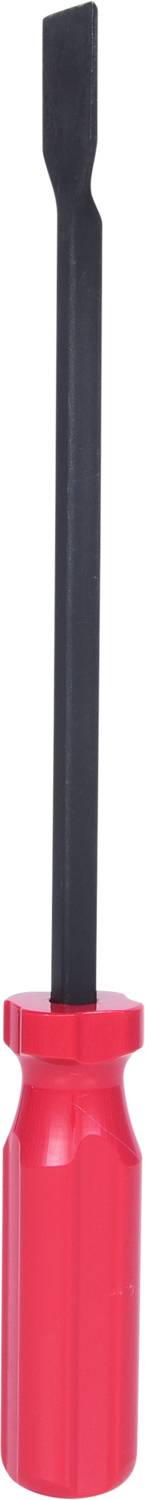 Czerwony śrubokręt z płaskim, czarnym uchwytem.