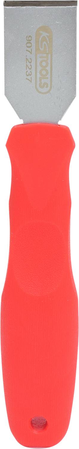 Przedstawiono czerwony plastikowy uchwyt z płaskim metalowym ostrzem, prawdopodobnie skrobaczka lub szpachla.