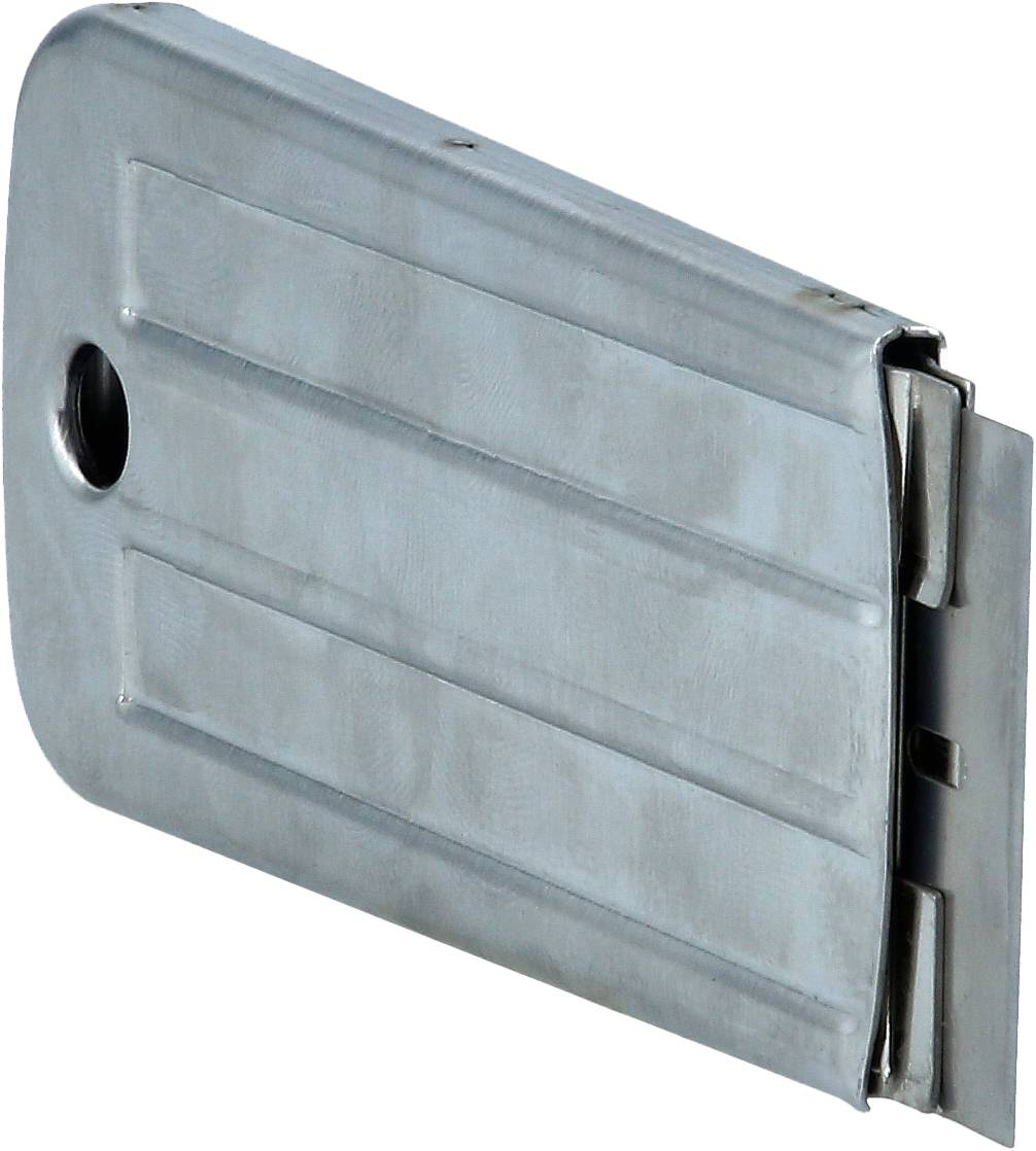 Metalowa skrzynka z zaokrąglonymi narożnikami i otworem z boku. Służy jako komponent w urządzeniach technicznych, wykazuje solidną budowę.