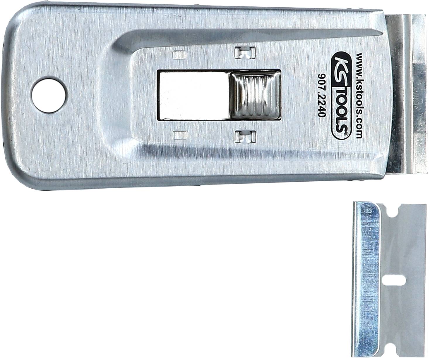 Skrobak metalowy z wymiennym ostrzem i otworem do zawieszenia. Nazwa marki i numer modelu są nadrukowane.