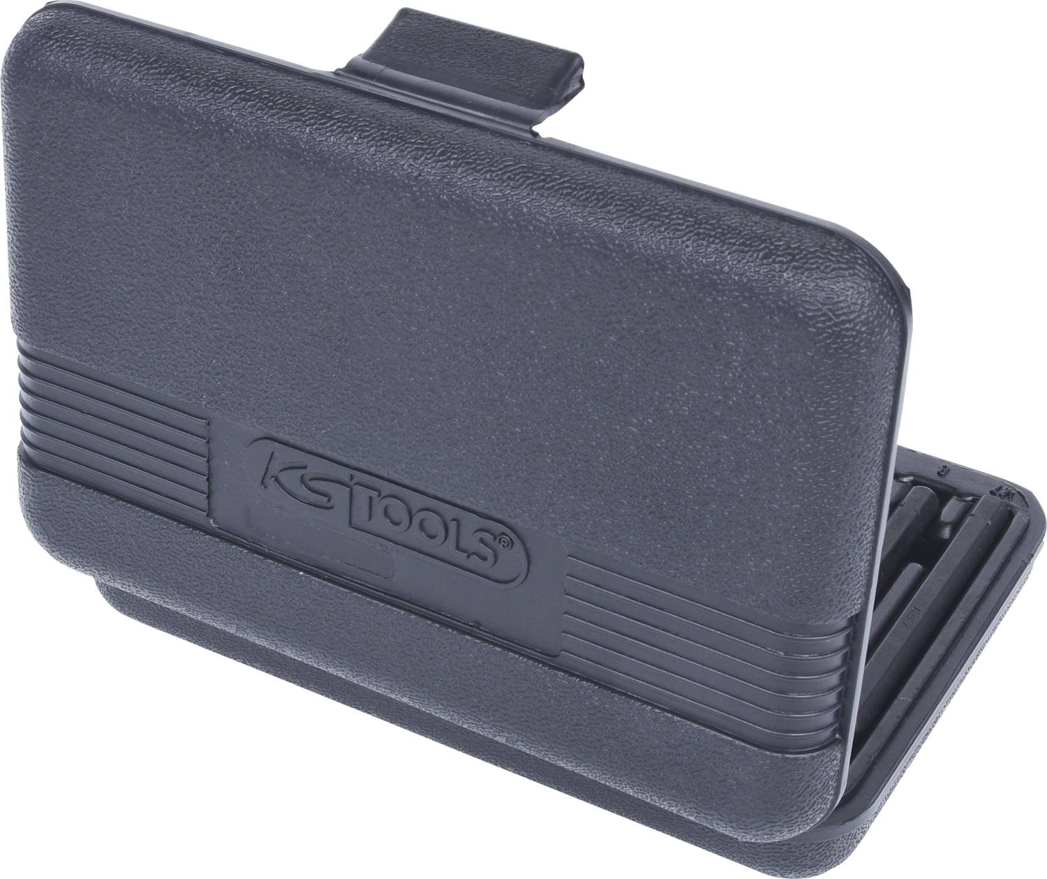 Czarne etui z tworzywa sztucznego z logo KS Tools, zamykane u góry. Idealne do bezpiecznego przechowywania małych narzędzi lub akcesoriów.