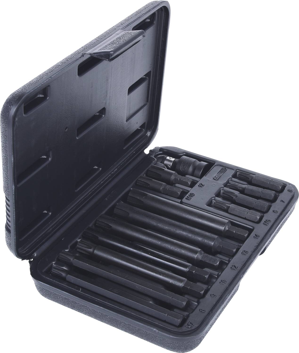 Otwarty kufer z narzędziami z różnymi czarnymi narzędziami, w tym śrubokrętami i końcówkami wtykowymi, ułożonymi w schludny sposób.