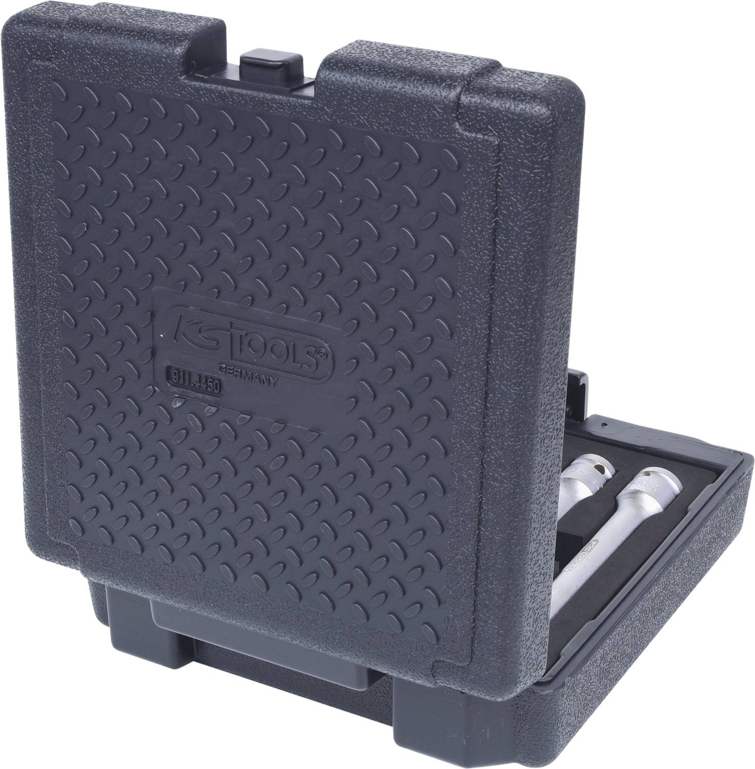 Czarny kufer na narzędzia z otwartą klapą, wewnątrz widoczne dwa srebrne narzędzia.