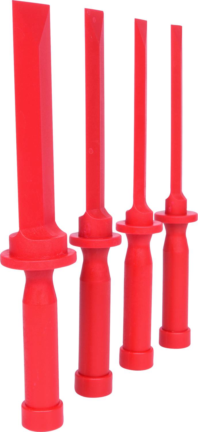 Cztery czerwone plastikowe pręty o różnych długościach, ustawione symetrycznie na białym tle.