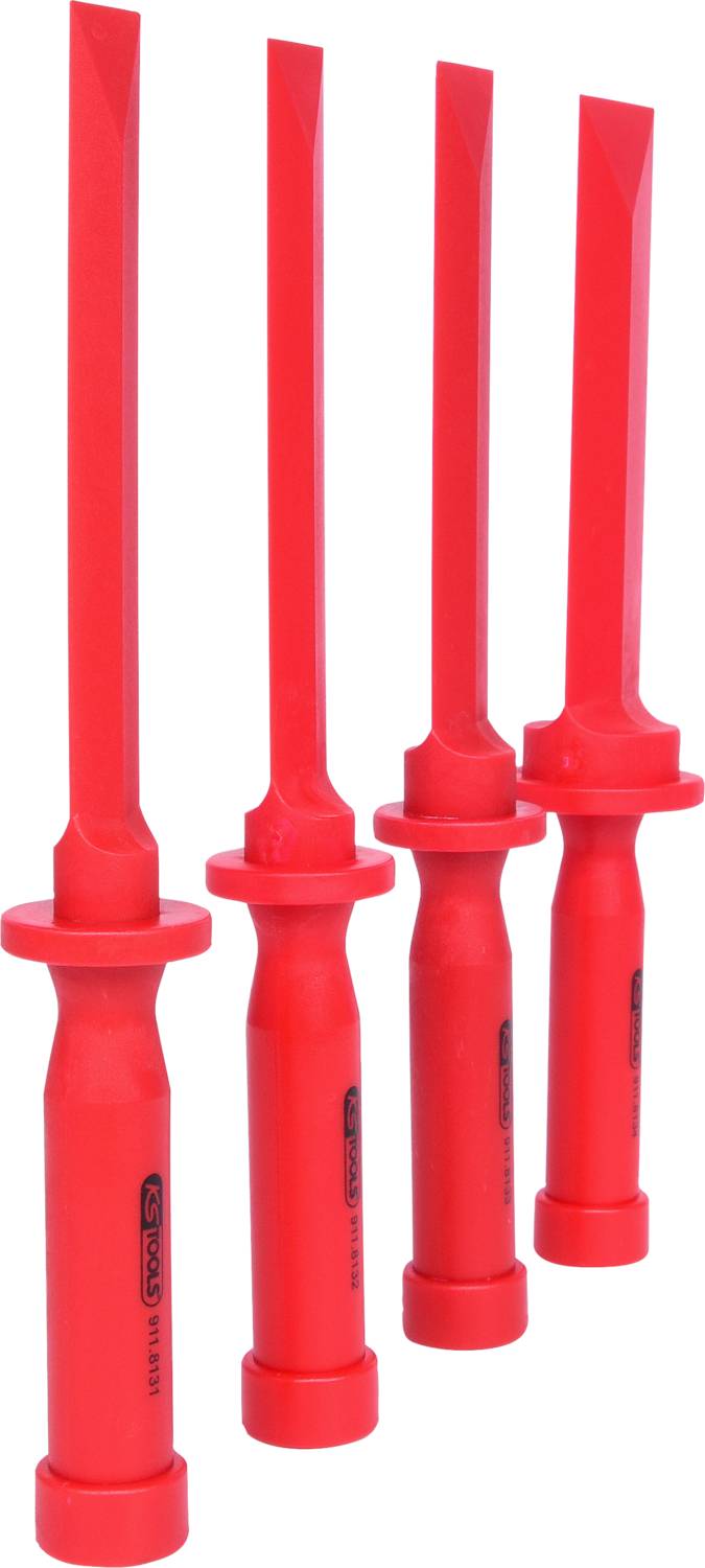 Cztery czerwone plastikowe narzędzia o długich, płaskich końcówkach i okrągłych uchwytach stoją obok siebie w pozycji pionowej.