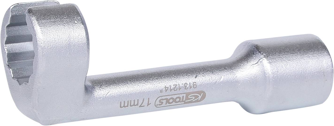 Srebrny klucz oczkowy, 12-kątny, firmy KS Tools z oznaczeniem '9x12/14' i '7 mm'. Narzędzie służące do dokręcania nakrętek.