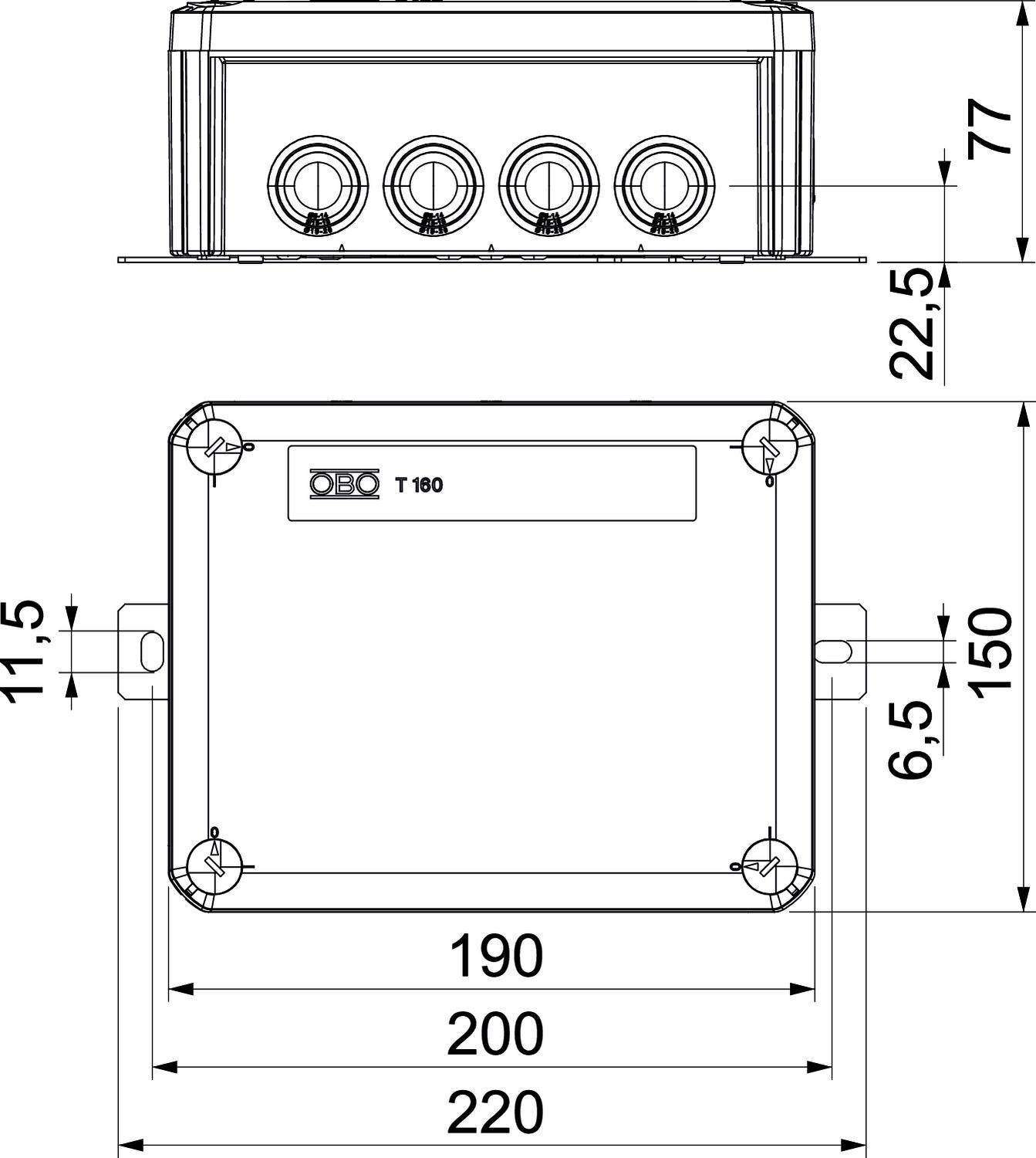 Rysunek techniczny prostokątnej obudowy z wymiarami, widok z góry i widok z boku. Podane dokładne pomiary.