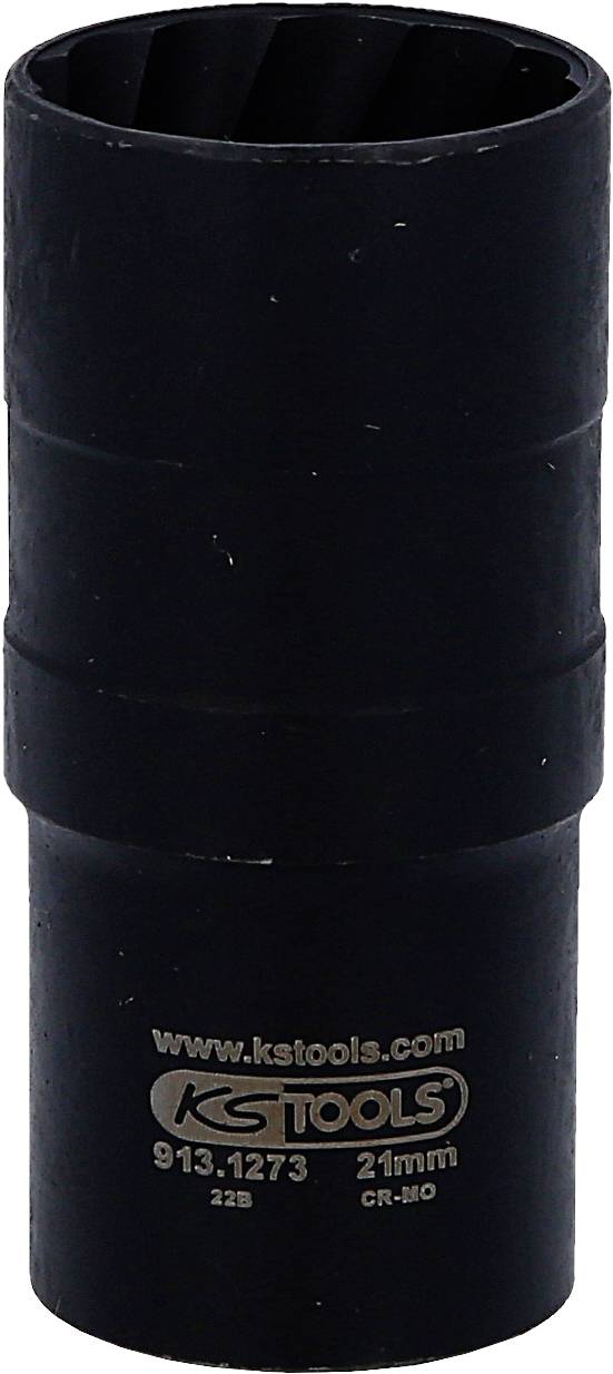 Czarna, cylindryczna nasadka z napisem 'KS Tools', o średnicy 21 mm.