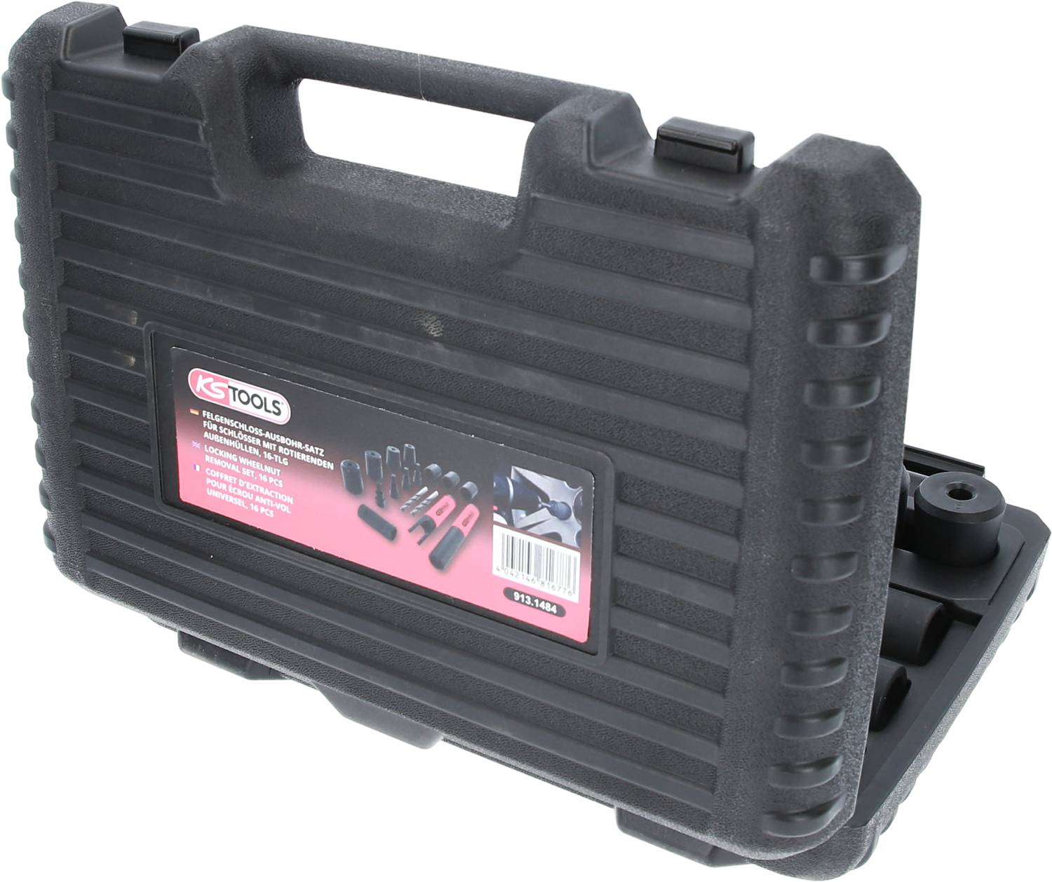 Czarny kufer na narzędzia z uchwytem, zawiera przedstawione nasadki. Etykieta oznaczona 'KS Tools' oraz wymienia zawartość.