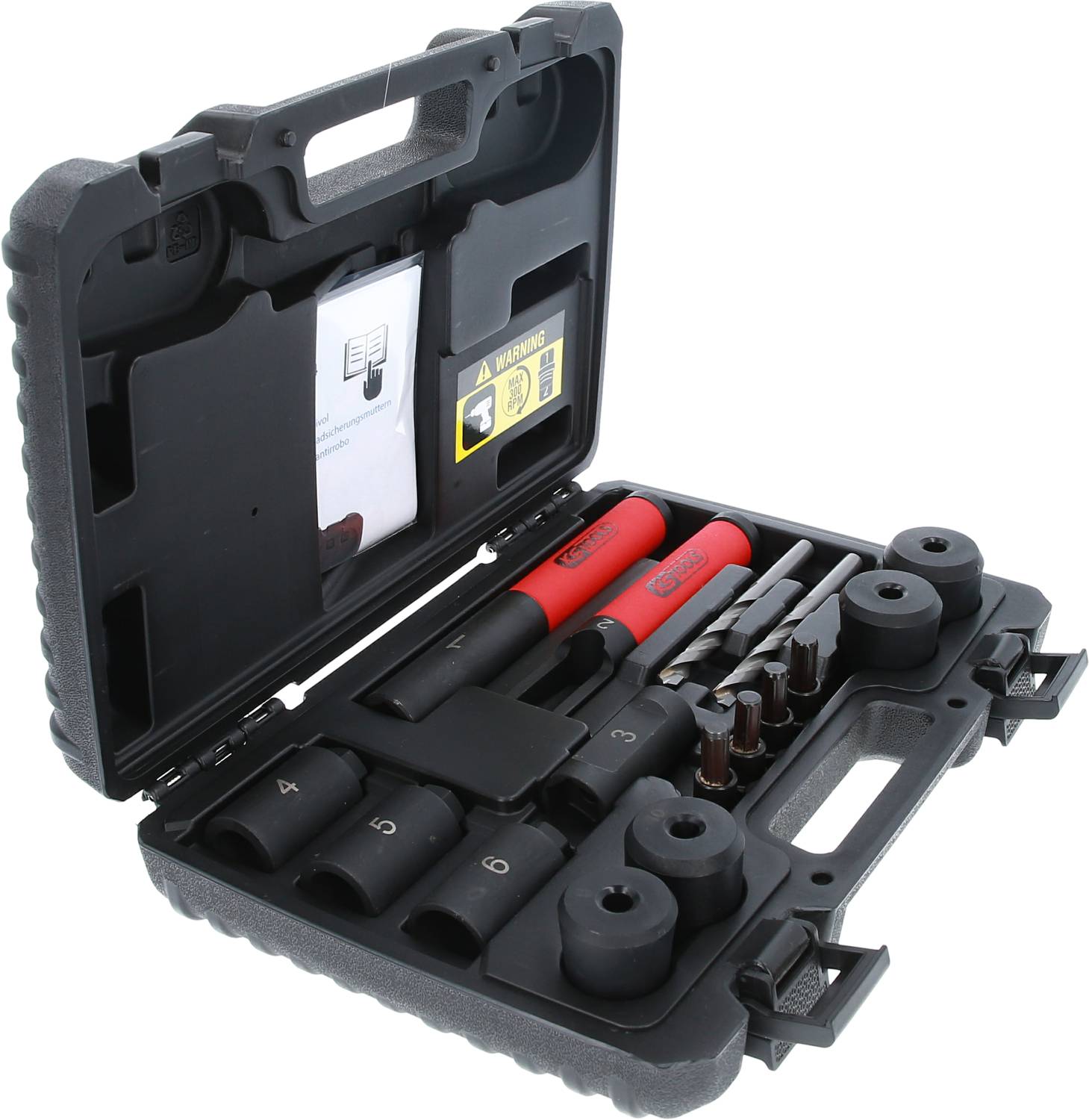 Otwarty skrzynka narzędziowa z wiertłami, śrubokrętami i kluczami nasadowymi. Idealna do napraw lub majsterkowania.