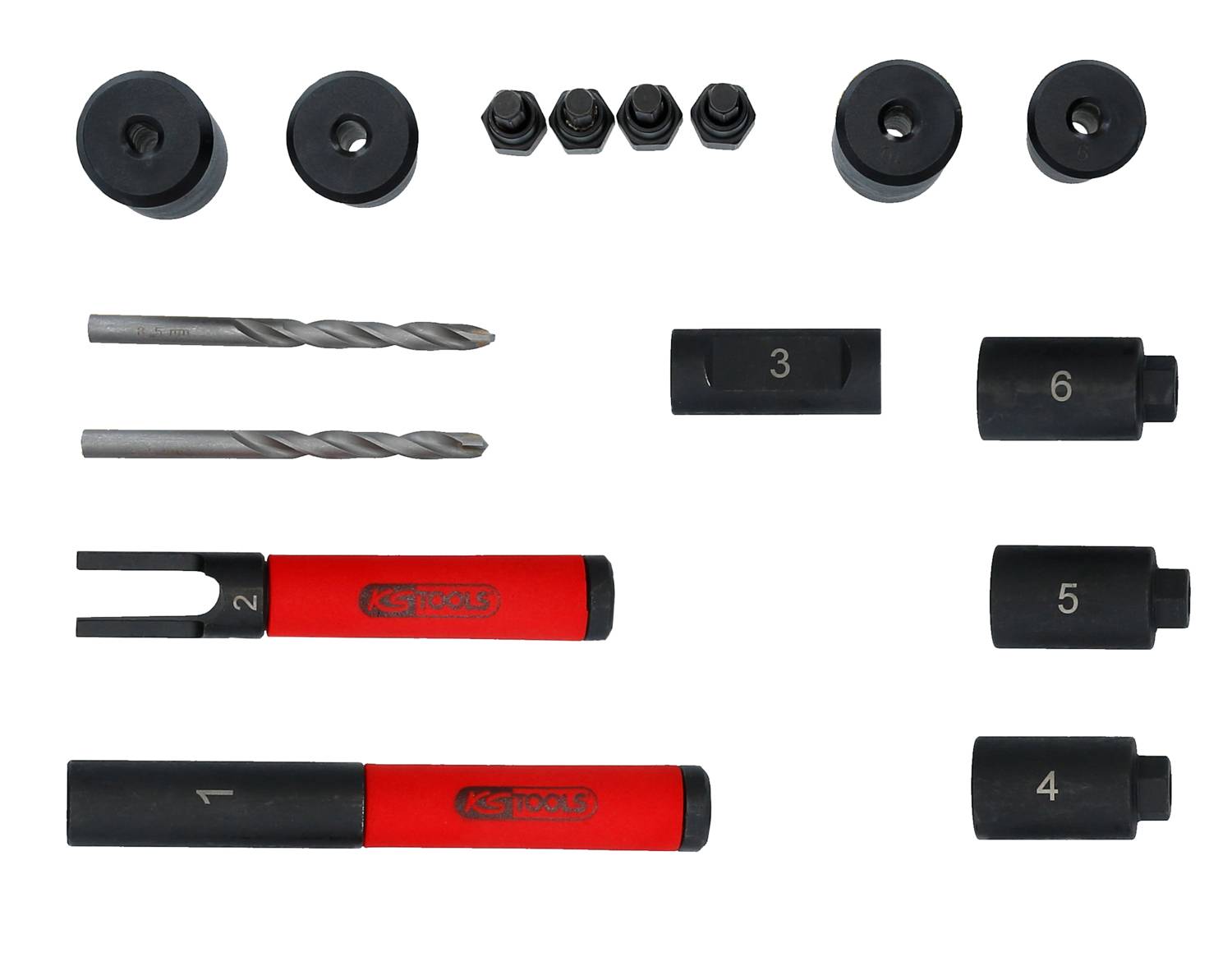 Zestaw narzędzi do usuwania złamanych świec żarowych zawiera różne nasadki, wiertła, adaptery i klucze nasadowe.