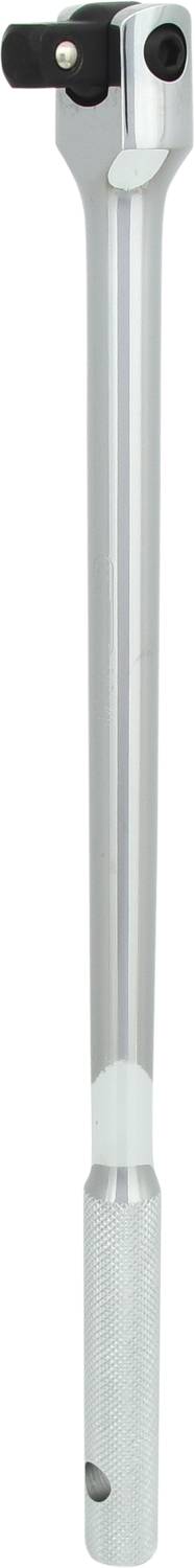 Metalowy uchwyt narzędziowy z obrotową głowicą, służący do przedłużania narzędzi. Srebrnego koloru, z rowkowaną strefą chwytu.