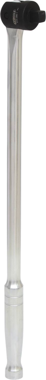 Klucz dynamometryczny z długą rękojeścią i czarną głowicą, stojący pionowo, wykonany głównie z metalu.