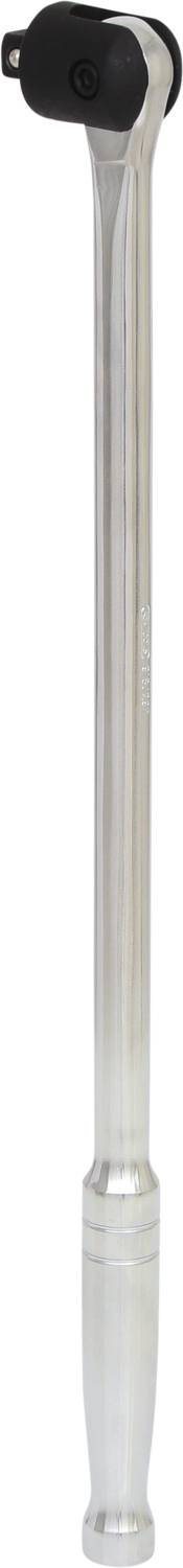 Klucz dynamometryczny z długą, metalową rękojeścią i czarną głowicą, stosowany do precyzyjnego pomiaru siły dokręcania.