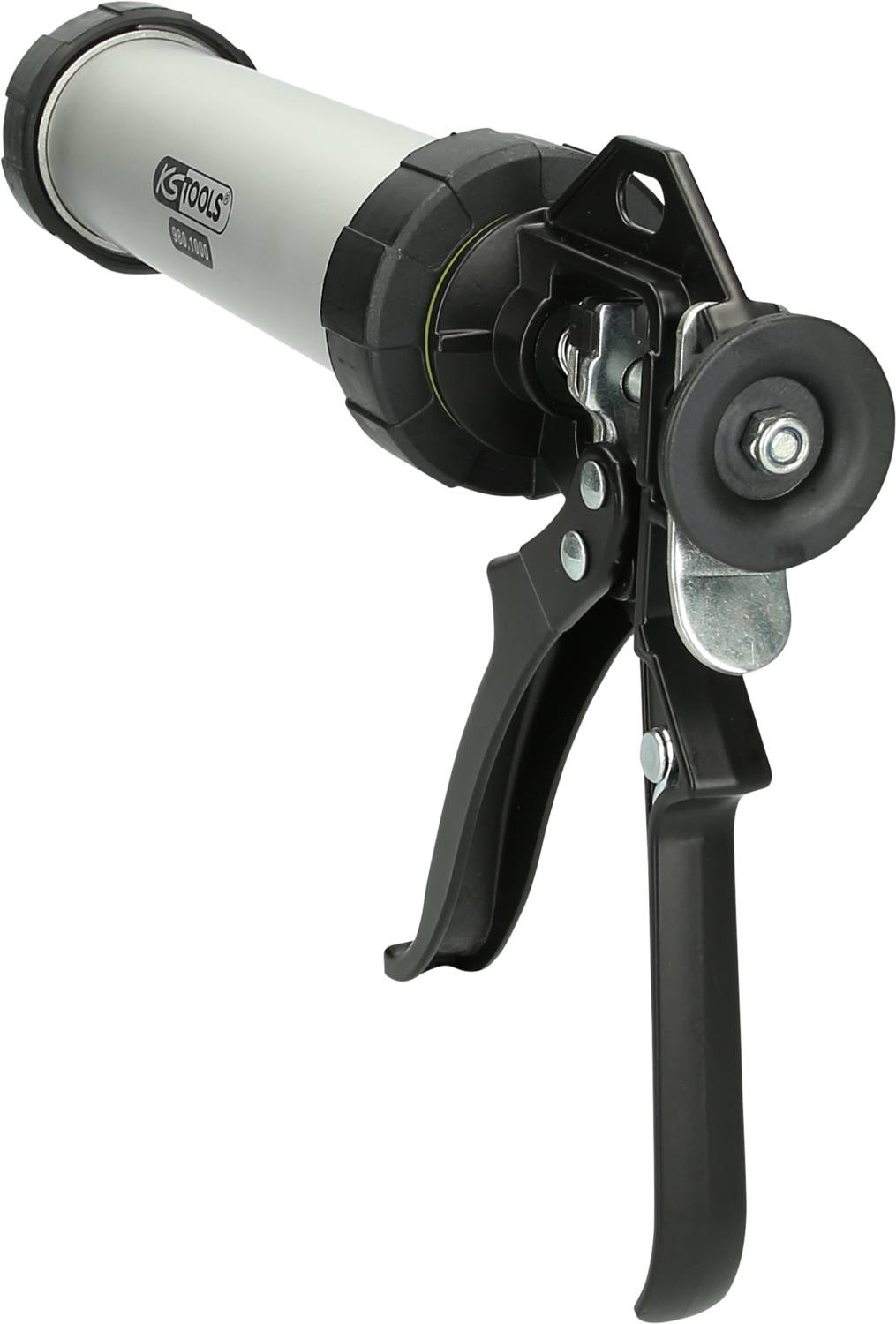 Metalowy pistolet do kielichów uszczelniających widziany z boku. Posiada ergonomiczny uchwyt i służy do precyzyjnego dozowania środków uszczelniających.