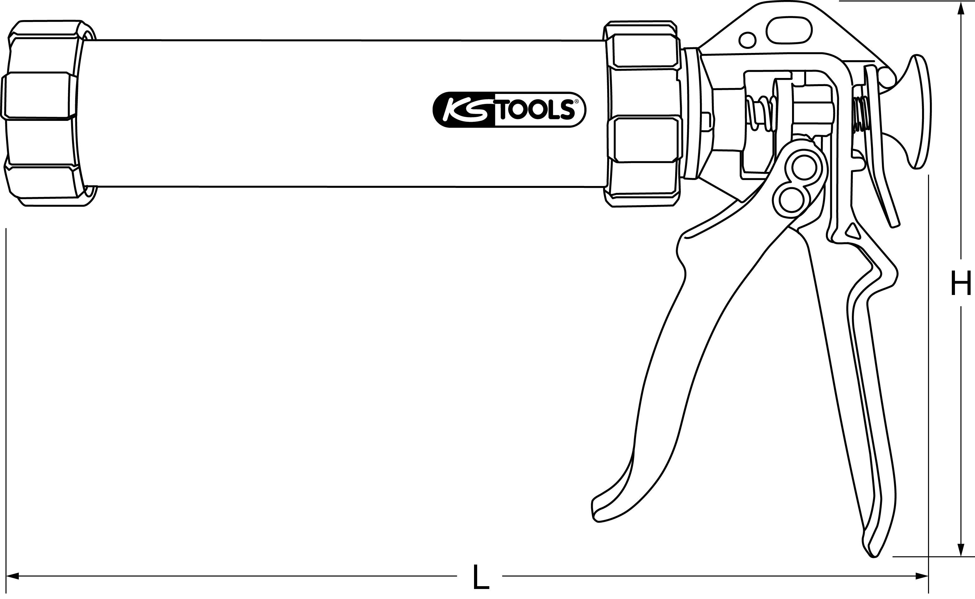 Rysunek przedstawia pistolet do uszczelniaczy firmy KS Tools z dwoma uchwytami i mechanizmem spustowym. Podane są wymiary L i H.