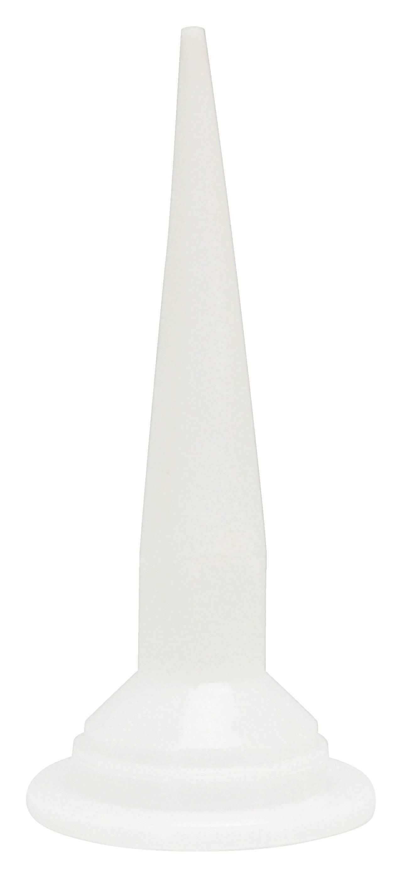 Biały, stożkowaty plastikowy czubek jest przedstawiony. Prawdopodobnie może być używany jako nakładka na pojemnik z klejem lub materiałem uszczelniającym.