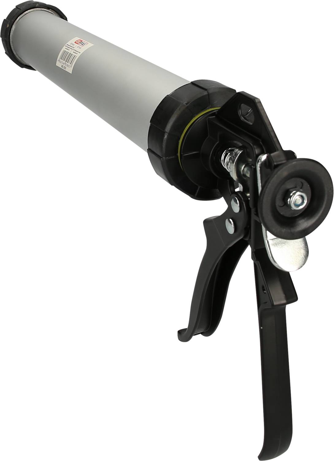 Szara pistolet do kitu z czarnym spustem i uchwytem, gotowy do użycia do uszczelniaczy lub klejów.