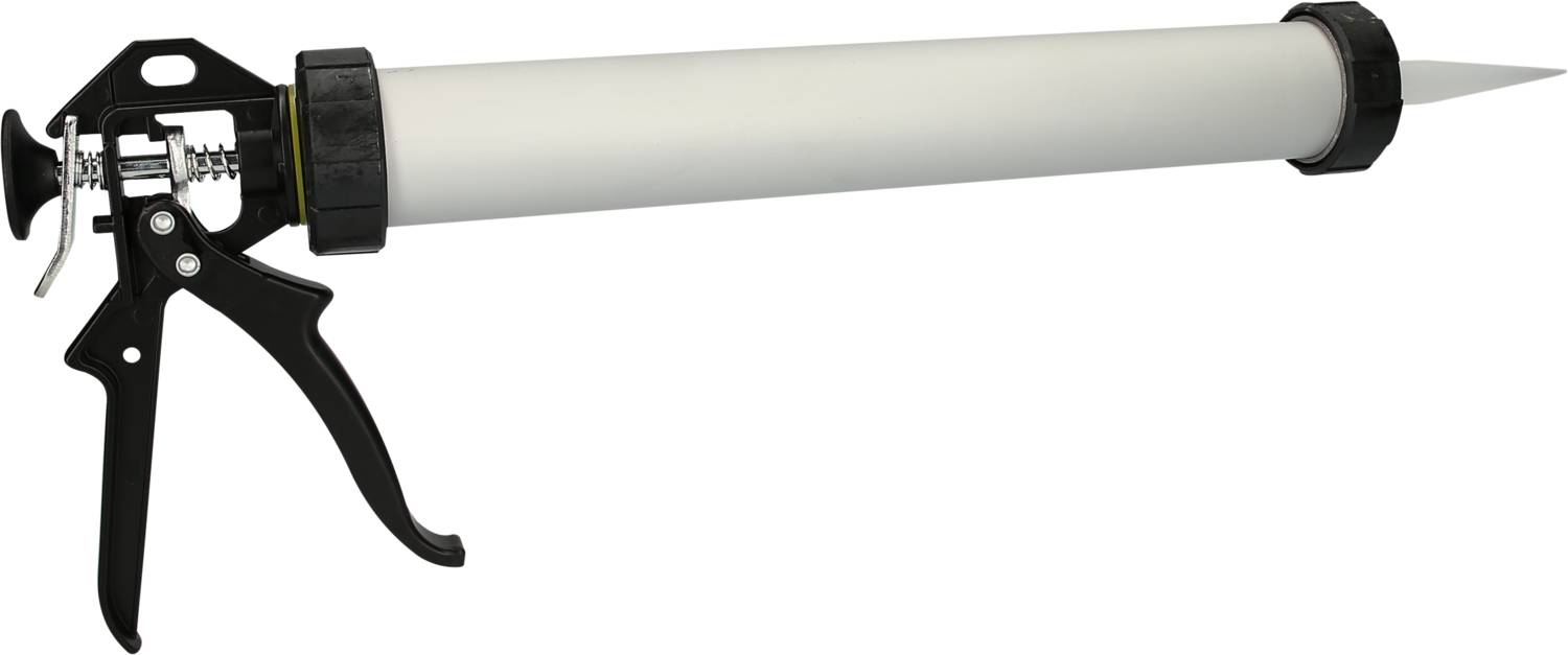 'Ręczny dozownik z czarnym uchwytem i białym cylindrem, używany do nakładania mas uszczelniających lub kleju.'