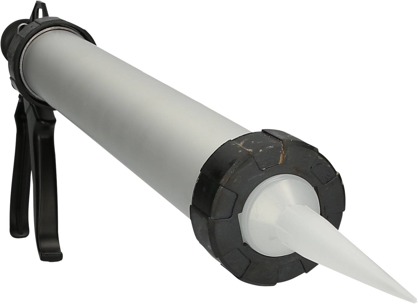 Pistolet do klejenia z srebrną wysuwaną częścią i czarną rękojeścią, używany do nakładania uszczelniaczy.