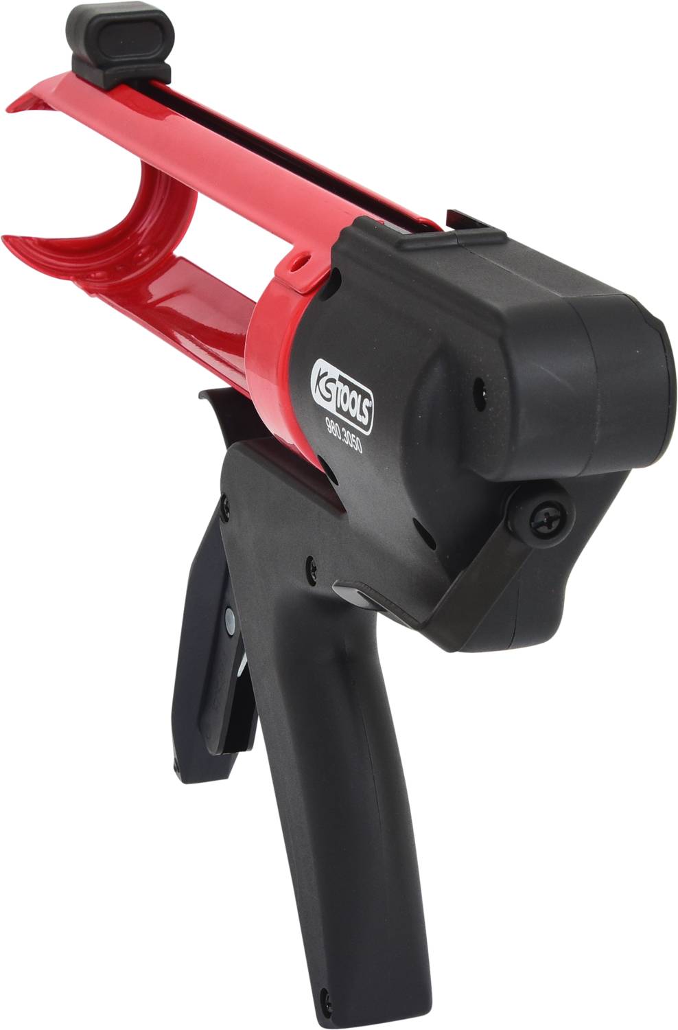 Czerwony i czarny pistolet do nakładania mas uszczelniających z ergonomiczną rękojeścią do precyzyjnego nanoszenia środków uszczelniających w zastosowaniach budowlanych i naprawczych.