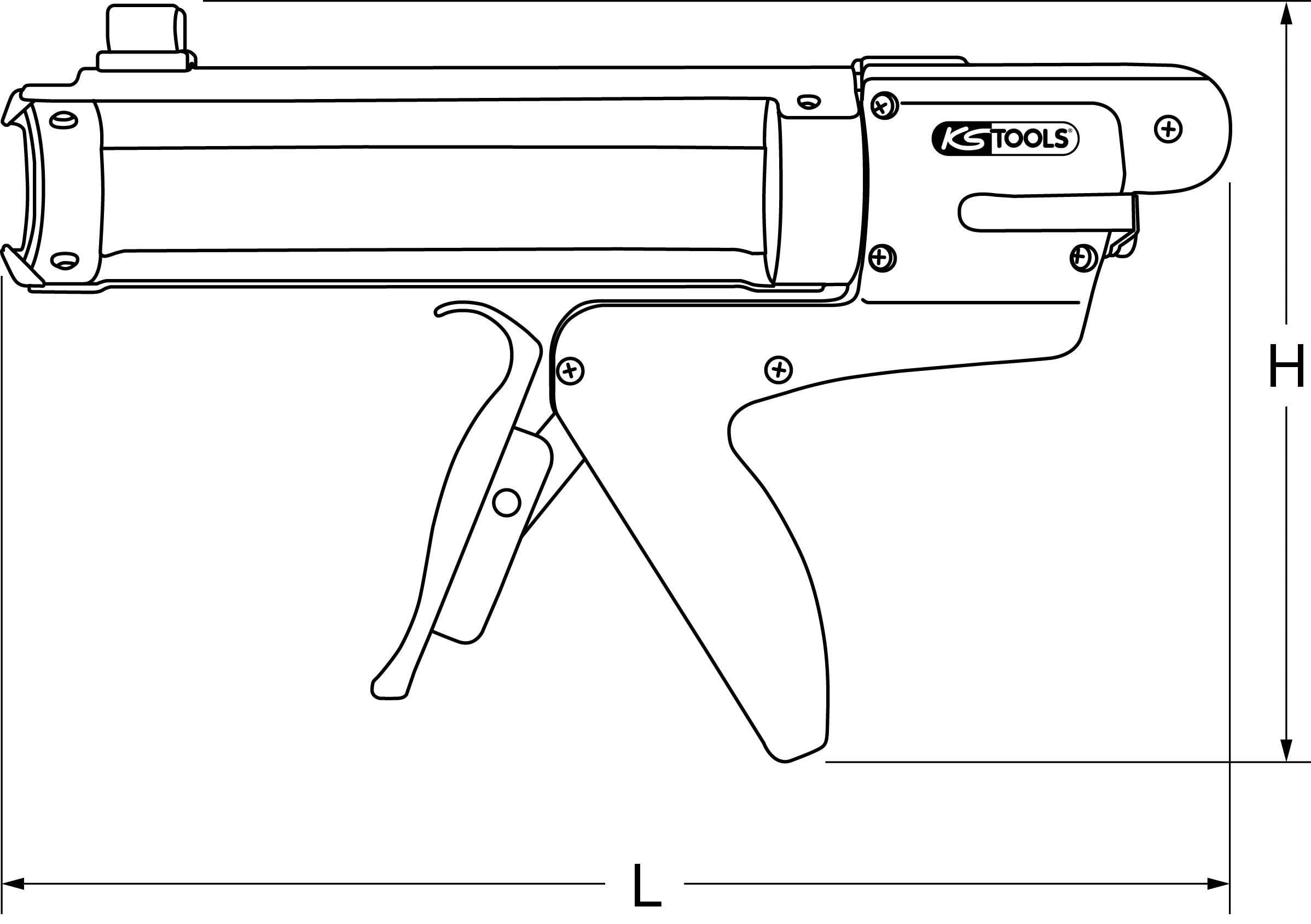 Rysunek prasy do kartusza z uchwytem i dźwignią spustową firmy KS Tools. Zaznaczone są wymiary wysokości i długości.