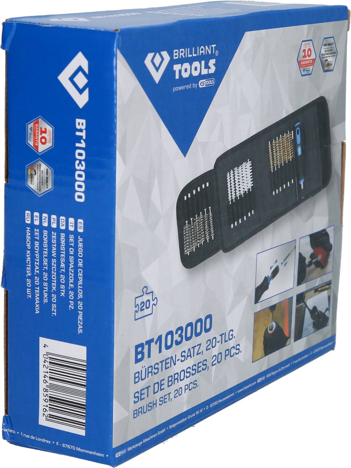 Niebieskie opakowanie prezentuje zestaw szczotek 'BT103000 Zestaw szczotek, 20-częściowy' marki Brilliant Tools. Zawiera ilustracje zawartości oraz wskazówki dotyczące użycia.