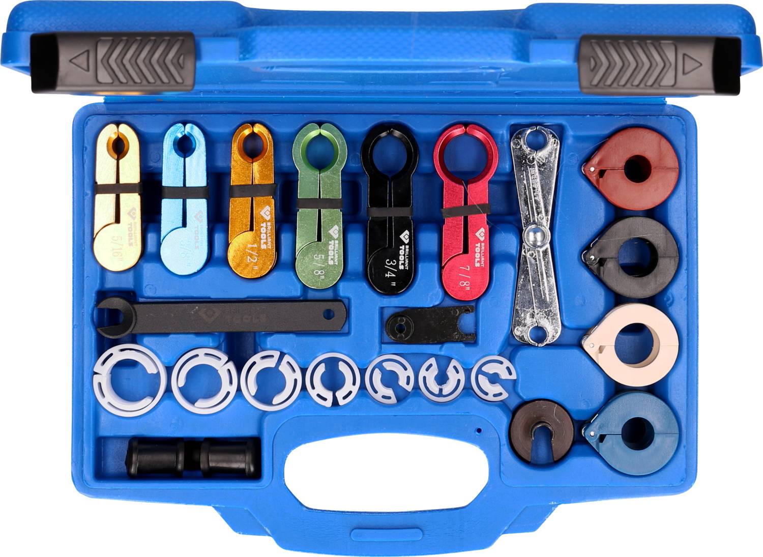 Niebieska skrzynka narzędziowa z narzędziami do odblokowania w różnych kolorach oraz akcesoriami do napraw samochodowych, ułożonymi w schludnym porządku.