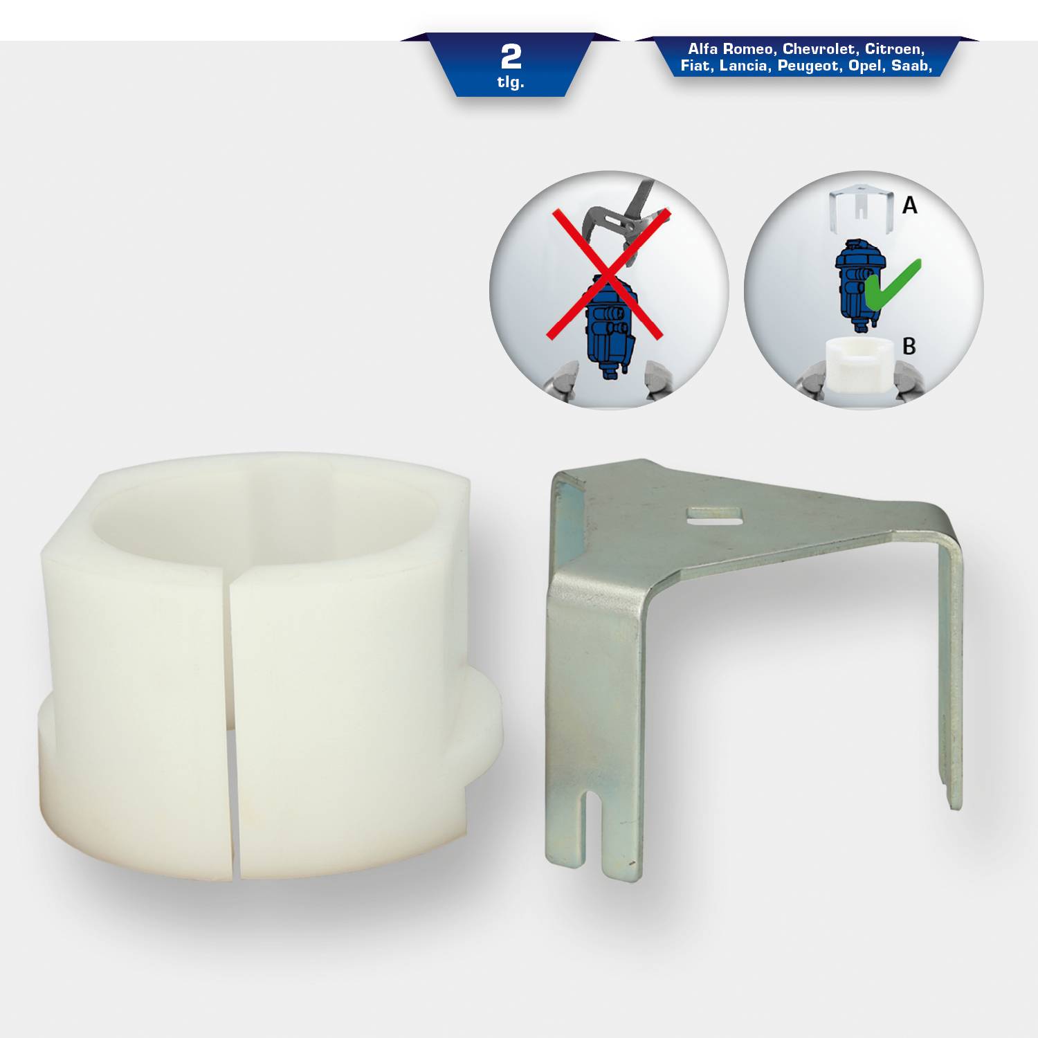 Dwuczęściowy zestaw narzędzi montażowych do filtrów samochodowych. Prezentuje prawidłowy i nieprawidłowy sposób instalacji. Odpowiedni dla różnych marek samochodów.