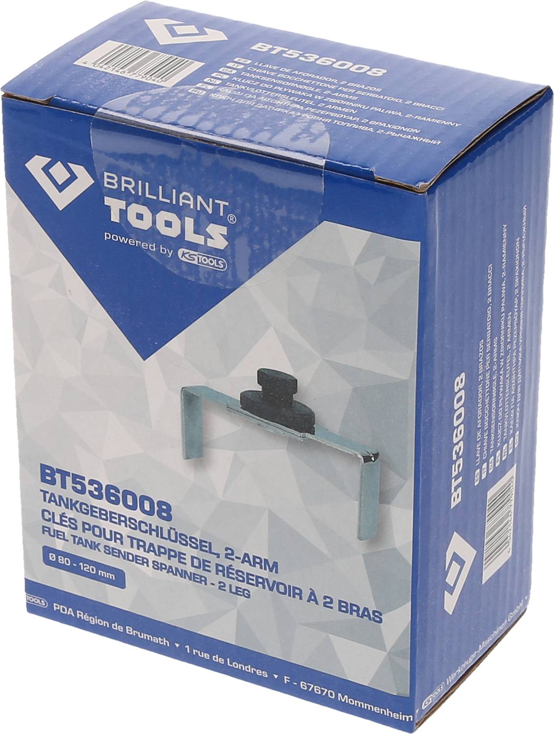 Opakowanie dwuramnego klucza do pompy paliwa firmy Brilliant Tools, numer artykułu BT536008, przeznaczonego do użytku przy zbiorniku paliwa.