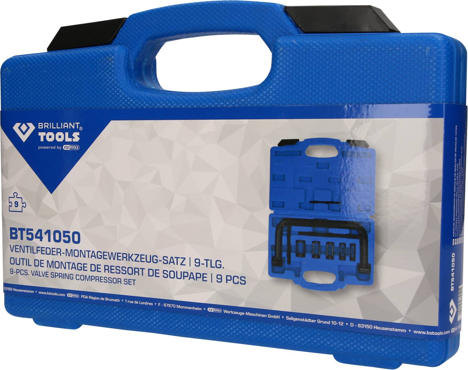 Niebieski kufer z uchwytem, na którym widnieje napis 'ZESTAW NARZĘDZI DO MONTAŻU SPRĘŻYN ZAWOROWYCH | 9-CZĘŚCIOWY'. Ilustracja zawartych narzędzi.