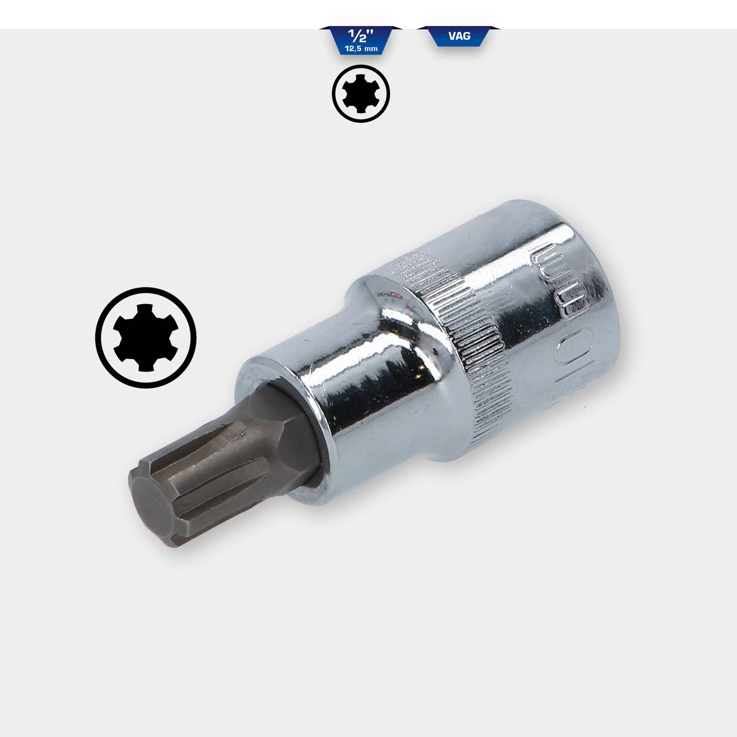 Nasadka z napędem 12,5 mm (1/2 cala), przeznaczona do pojazdów VAG. Profil sześciokątny z chromowaną powierzchnią.