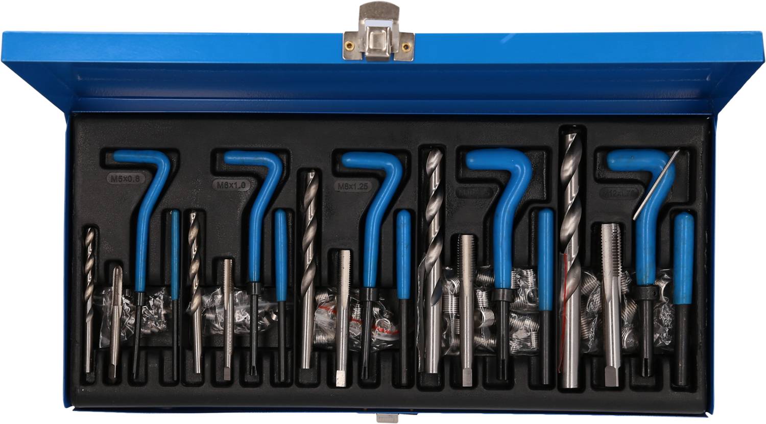 Niebieski skrzynka narzędziowa zawiera różne wkrętaki i wiertła spiralne w uporządkowanym układzie.