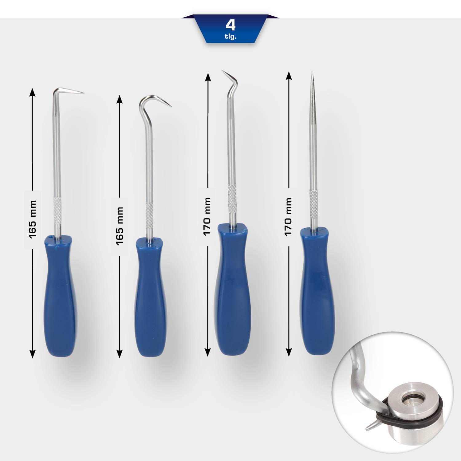 Zestaw czterech niebieskich narzędzi hakowych z uchwytami, każde o długości 165-170 mm, przedstawiony z oznaczeniami długości.