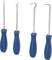 Cztery narzędzia metalowe z niebieskimi uchwytami; od lewej do prawej: szpiczaste, zakrzywione, haczykowate i zagięte pod kątem prostym.