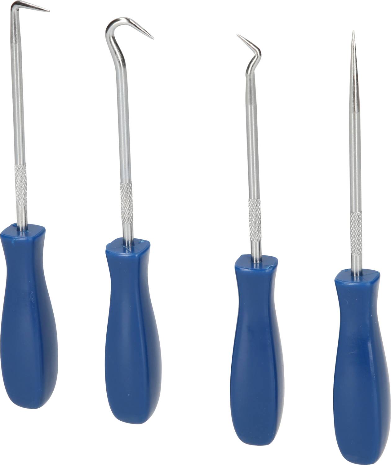 Cztery precyzyjne narzędzia z niebieskimi uchwytami, każde z innym kształtem końcówki: hak, zagięty czubek, ostry pręt, zakrzywiony hak. Używane do prac precyzyjnych i rzemiosła.