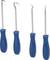 Cztery precyzyjne narzędzia z niebieskimi uchwytami, każde z innym kształtem końcówki: hak, zagięty czubek, ostry pręt, zakrzywiony hak. Używane do prac precyzyjnych i rzemiosła.