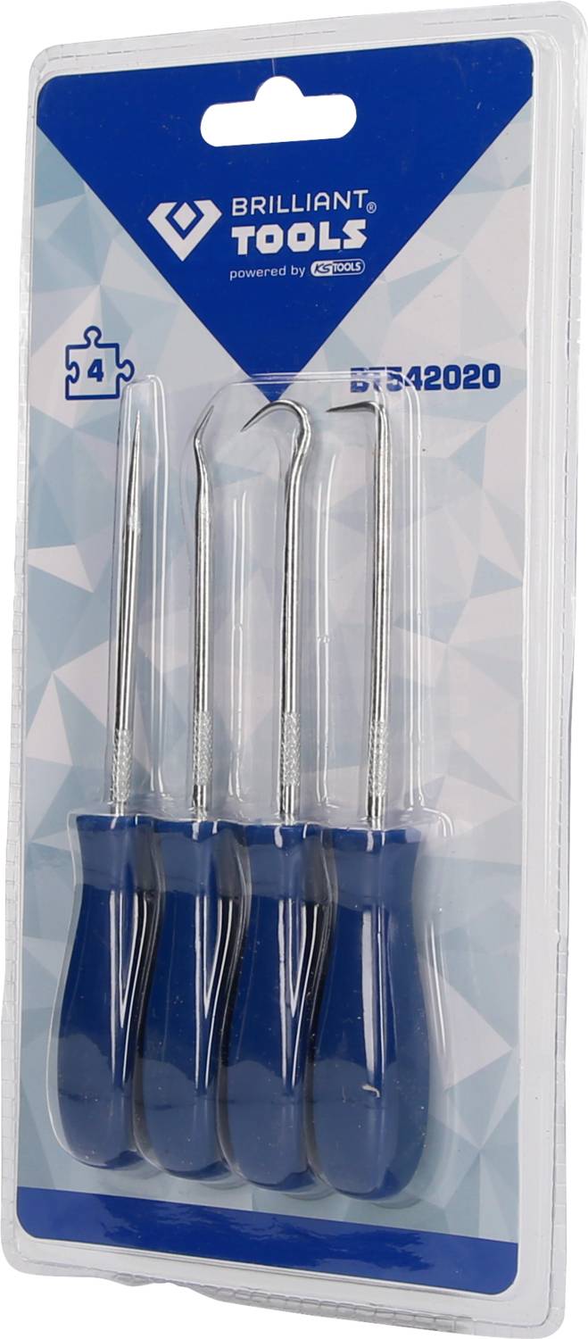 Opakowanie z czterema niebieskimi narzędziami hakowym firmy 'Brilliant Tools'.